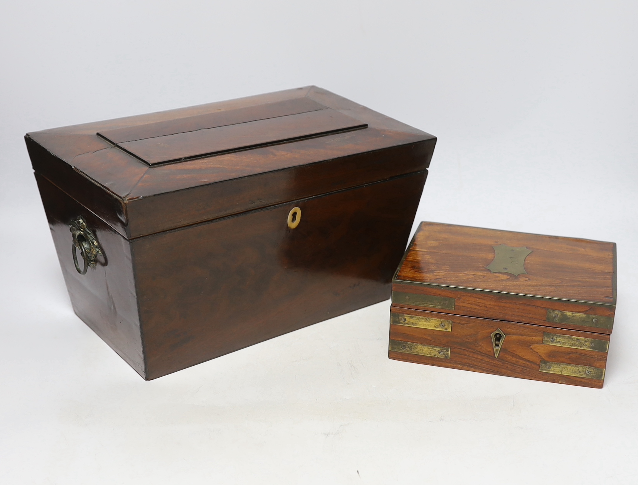 A small 19th century brass mounted padouk box and a Regency mahogany tea caddy, largest 30cm wide x 16.5cm high